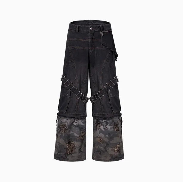 Men's grey camouflage splicing jeans with decorative pin and ribbon details