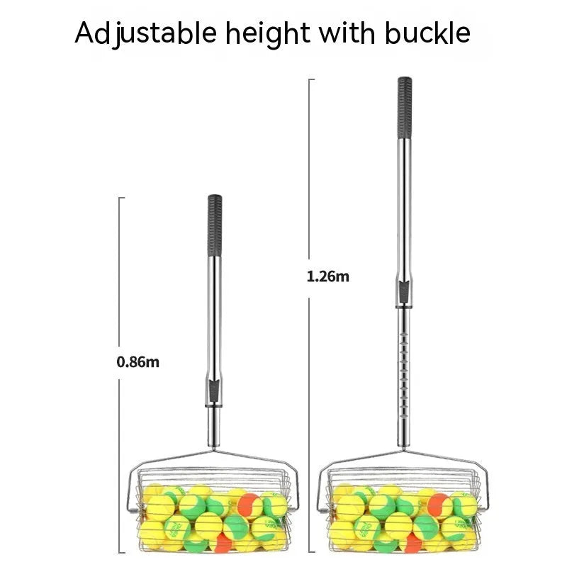 Stainless steel tennis ball roller picker with adjustable handle on a tennis court