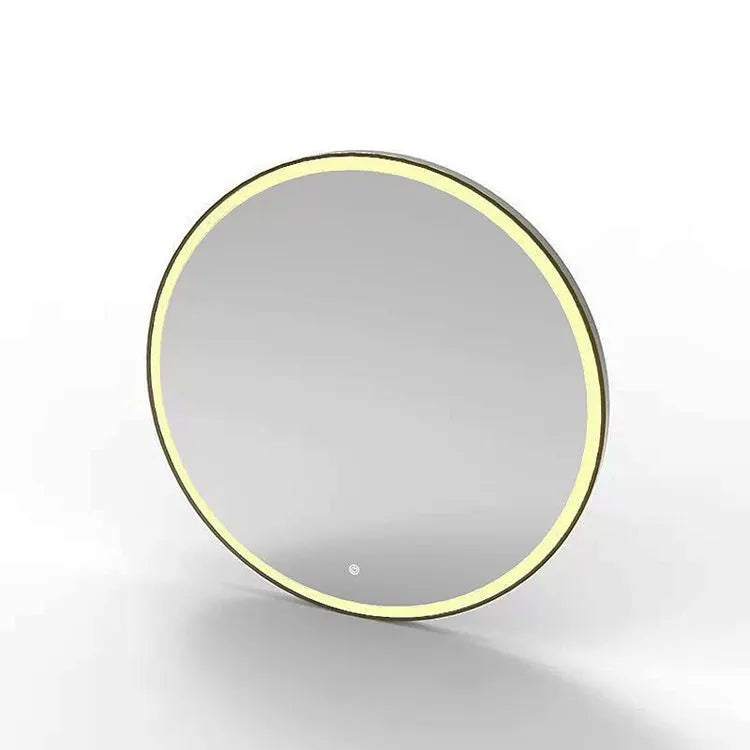 Round black framed LED bathroom mirror mounted on wall with dimmable lights.