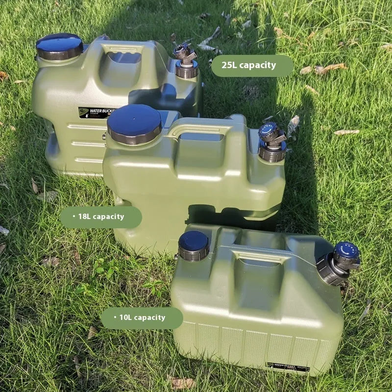 Army green thickened PE portable water storage tank with cap, available in 10L 18L 25L capacities
