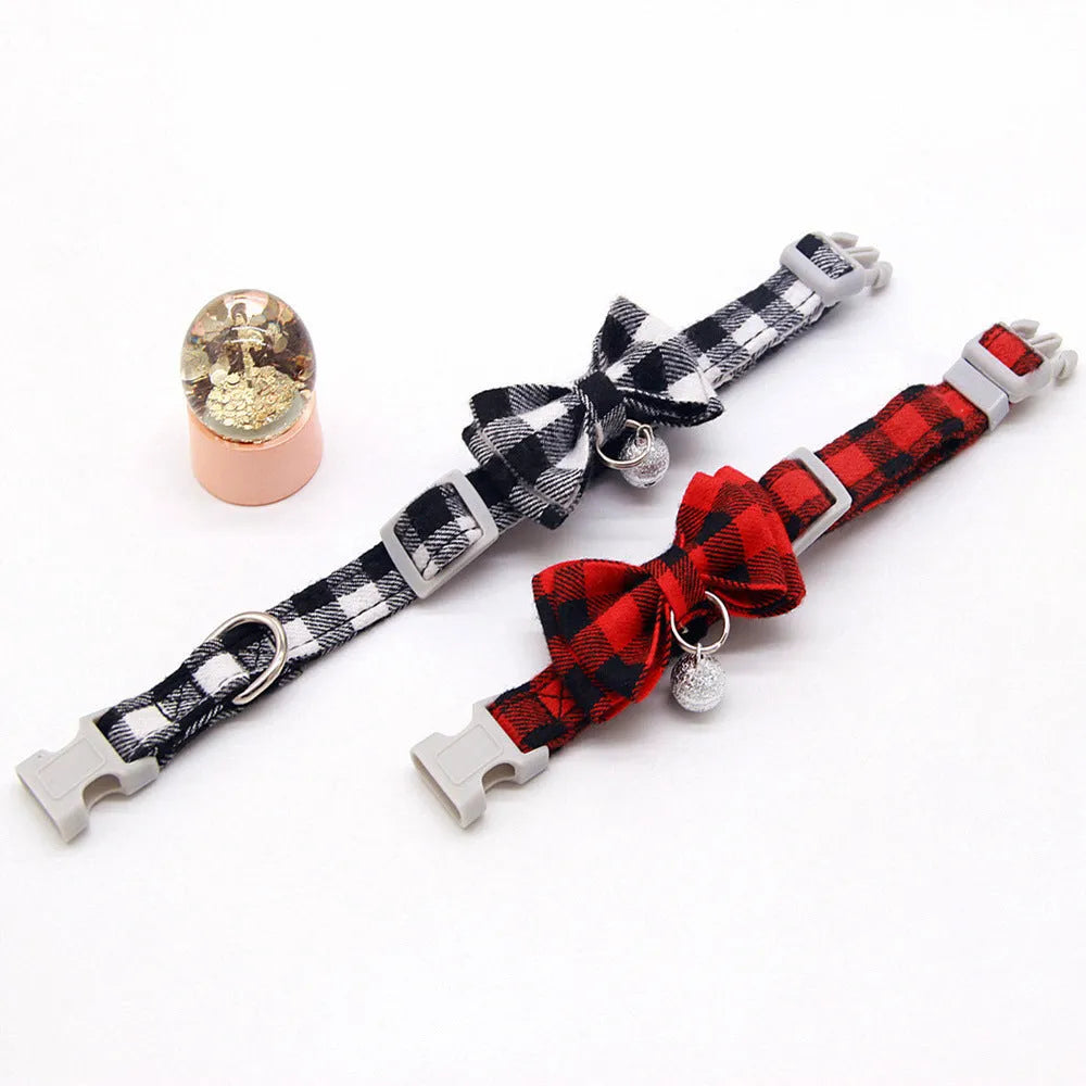 Plaid cotton cat bell collar with butterfly bow tie and optional hand holding rope in blue green orange pink red white S XS