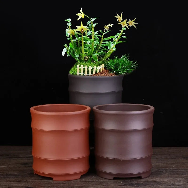 Fine Zisha flowerpot large diameter bamboo joint black purple sand clay with pallet