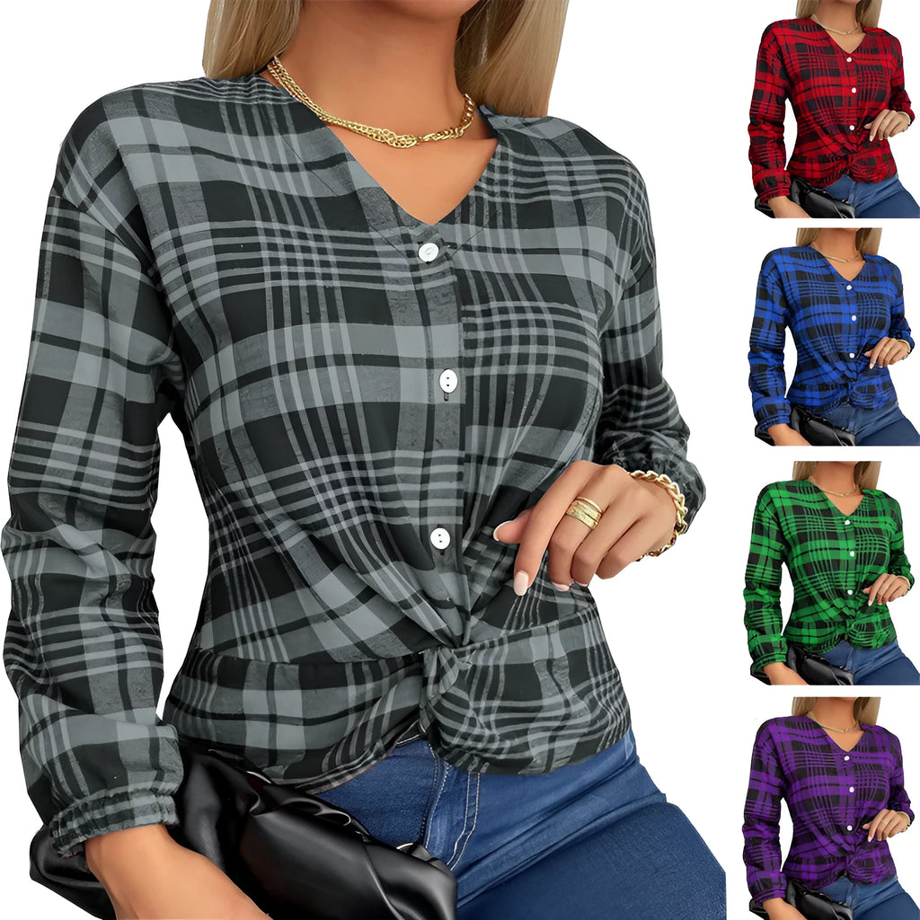 Women's purple plaid casual shirt with loose fit and regular sleeves on mannequin