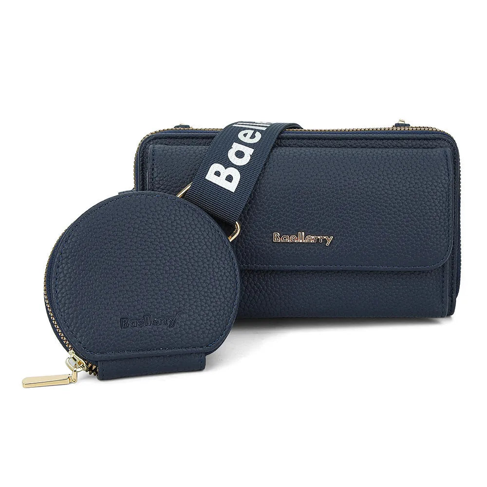 Two lychee-textured composite crossbody bags with letter print and small coin purse in pink and dark blue