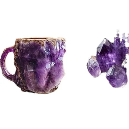 400ml resin mineral crystal coffee mug with handle, 10cm high, purple colour, on a table