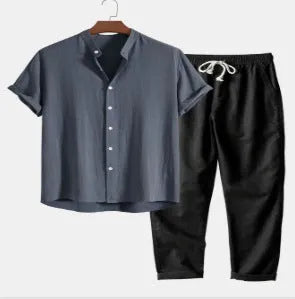 Men's slim fit floral print casual suit with cardigan-style shirt and trousers.