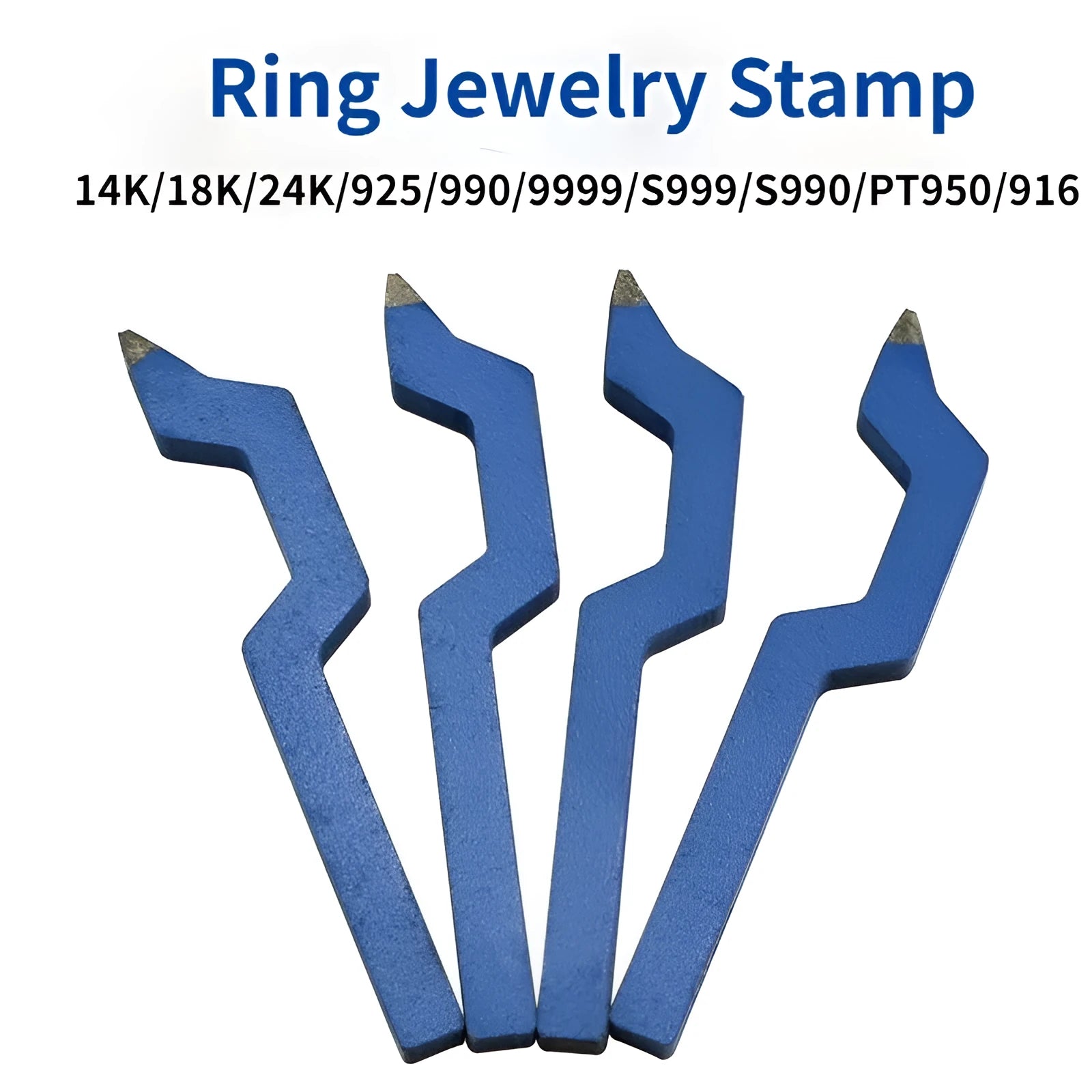 Gold-coloured curved character steel stamping tool for jewellery making on a workbench.
