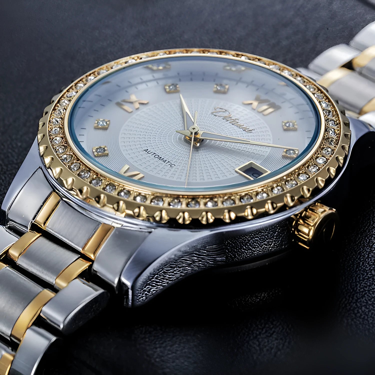 Fashionmonger men's automatic mechanical watch with luminous hands on wrist, showing gold case and white dial option.