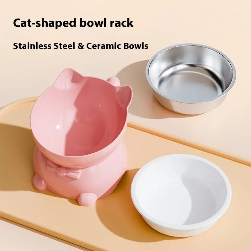 Stainless steel slanted cat bowl with silicone base in blue, showing its anti-fall design.