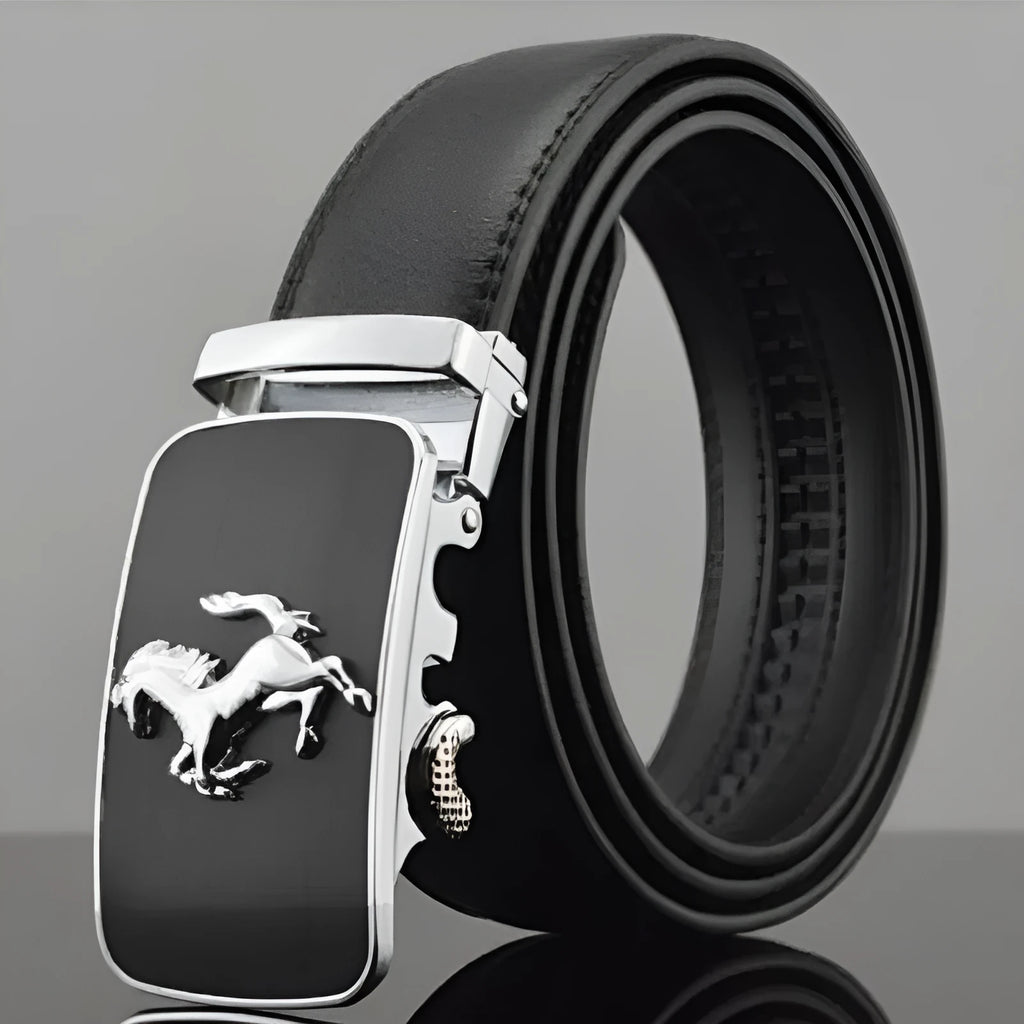 Black men's leather automatic buckle belt with a 3.5cm width on a table.