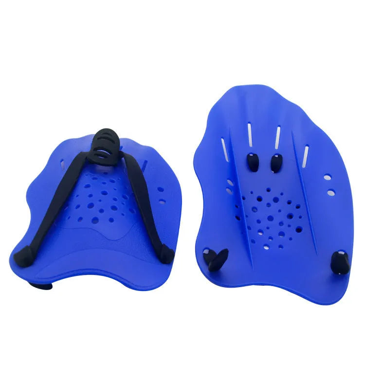 A pair of polypropylene swim training paddles for freestyle stroke practice, shown in multiple colour options.