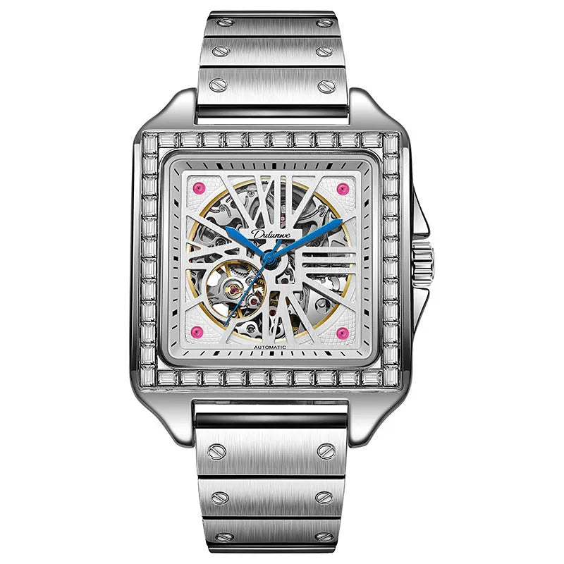 Square case automatic watch for men with diamond-studded bezel on a stainless steel bracelet