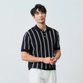 Men's striped short-sleeve knitted shirt with lapel collar in white, polyester blend, size M to XXXL
