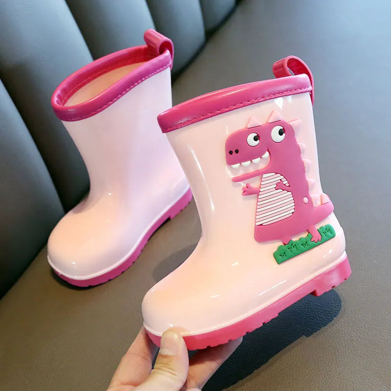 Children's non-slip low-top PVC rain boots with dinosaur print in blue, pink, and yellow colours