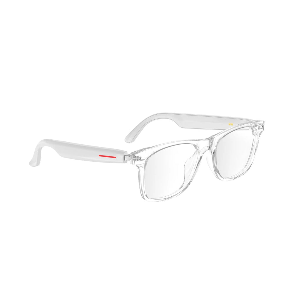 White transparent Bluetooth blue light blocking glasses with touch controls and PC frame