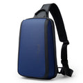 Blue Oxford cloth men's chest bag with double shoulder straps on a mannequin.