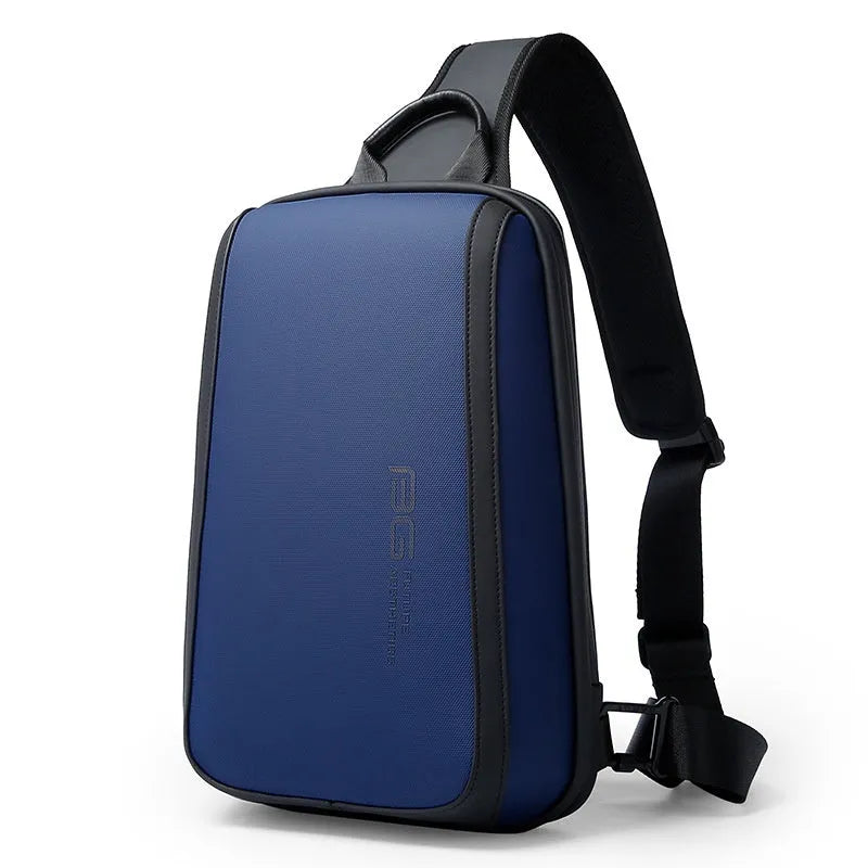 Blue Oxford cloth men's chest bag with double shoulder straps on a mannequin.