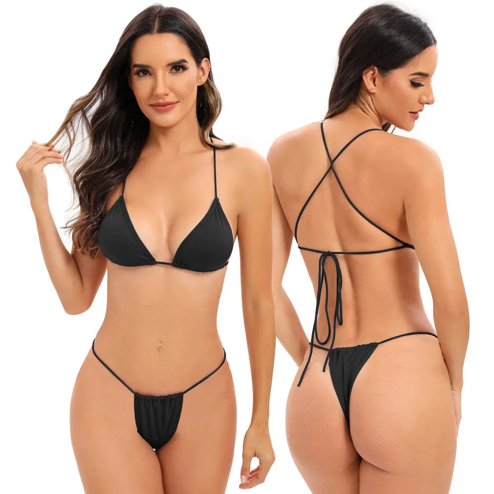 Women's candy coloured milk silk bikini with cross straps, shown in a brief style.