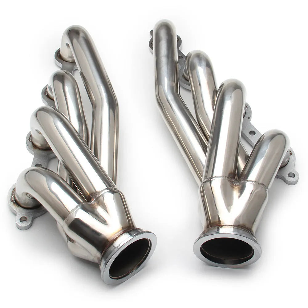Modified silver 304 stainless steel exhaust manifold for Chevrolet LS engines