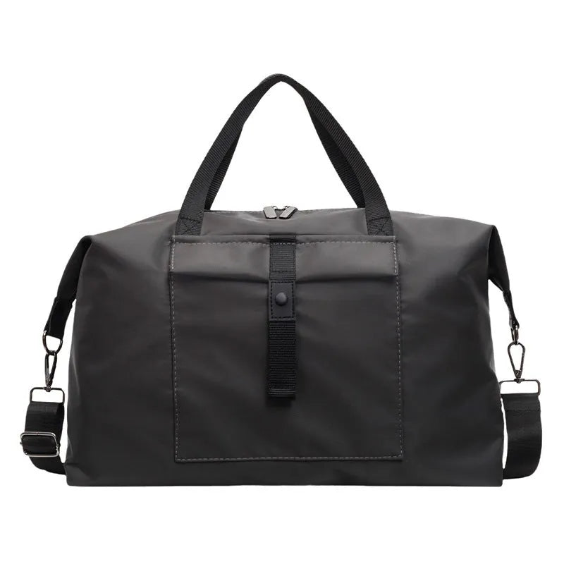 Grey one-shoulder travel bag made from Oxford cloth with a large capacity.