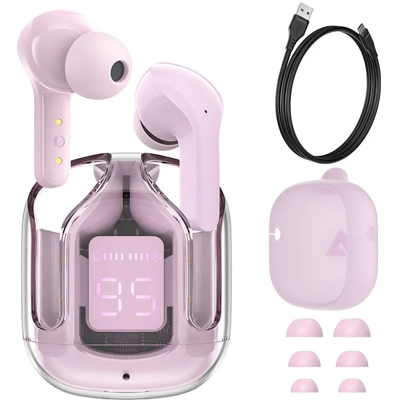 Wireless Bluetooth headphones with LED battery display in pink, grey, blue, green colours with silicone case