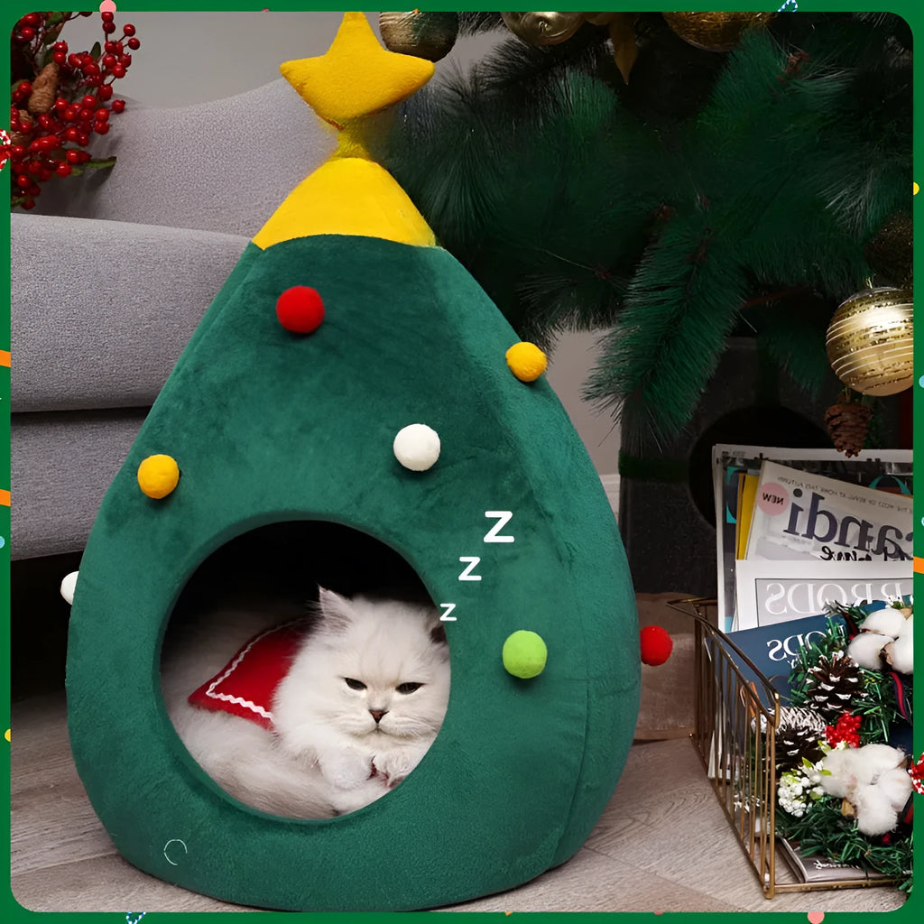 Christmas tree-shaped plush pet cave bed for cats and small dogs with detachable cover