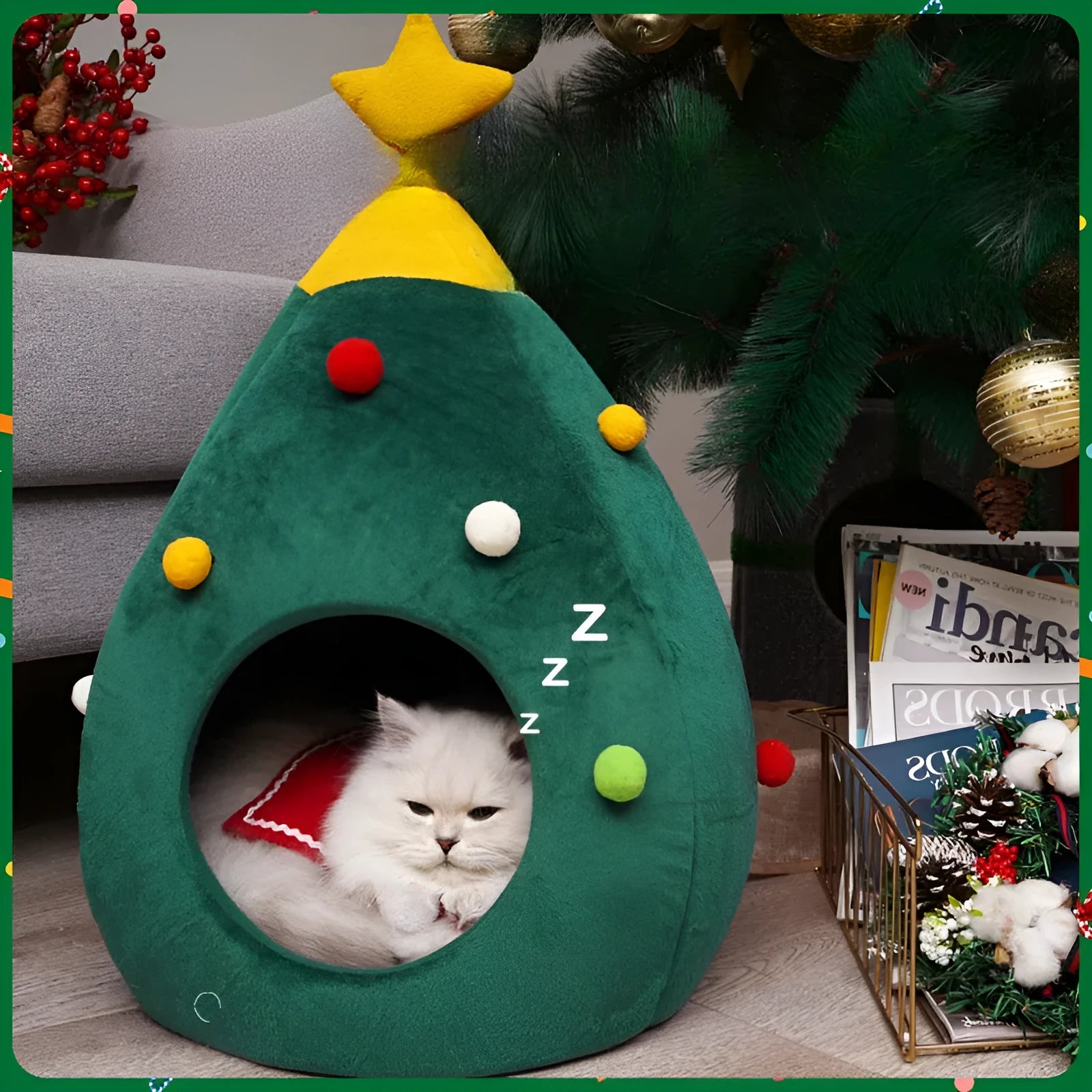 Christmas tree-shaped plush pet cave bed for cats and small dogs with detachable cover