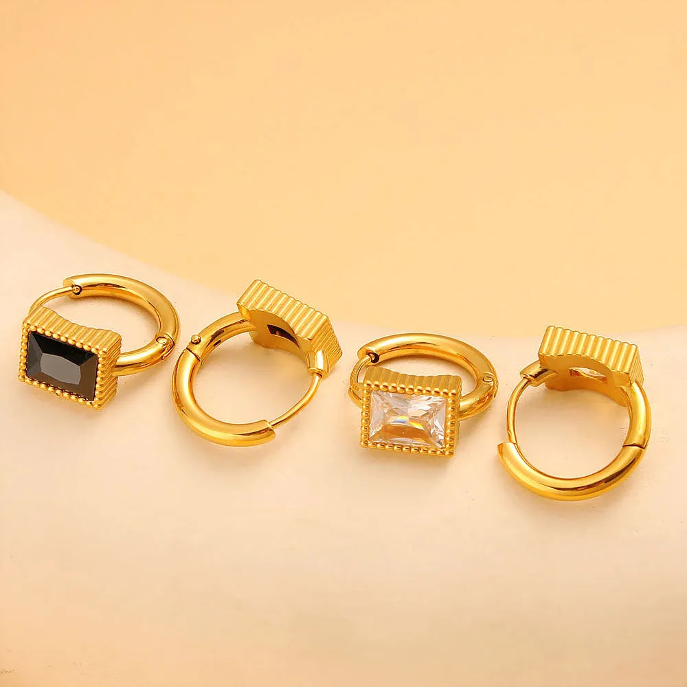 Square zircon stone geometric earrings in stainless steel, available in white, black, or green.