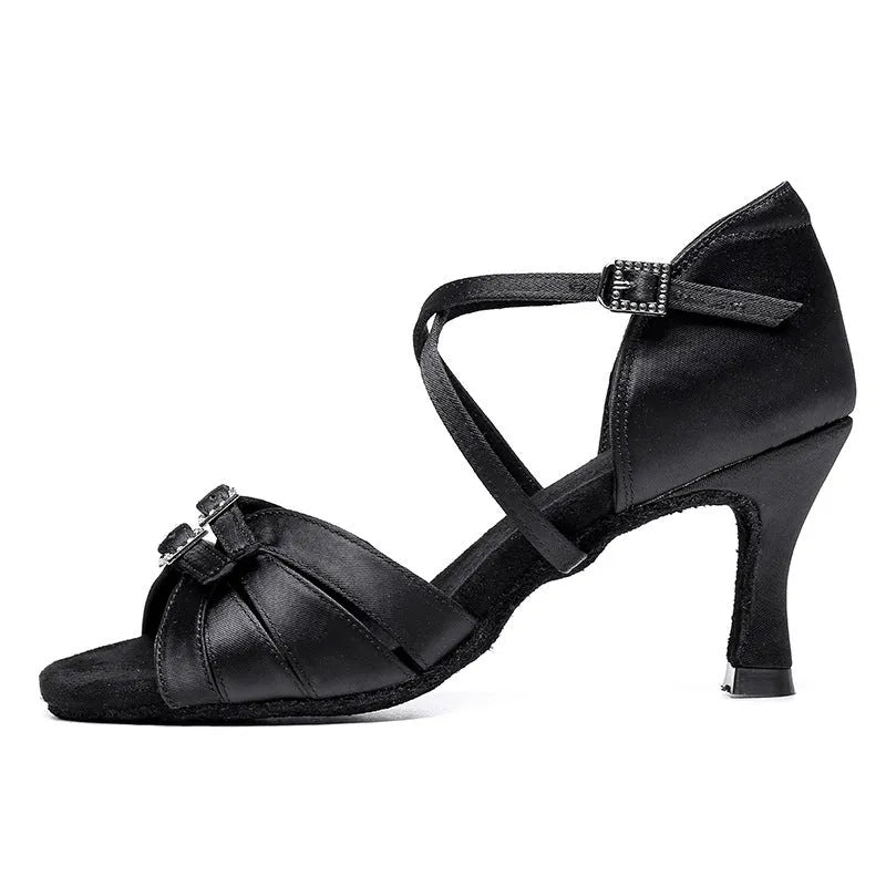 Women's Latin dance high heel shoes with real silk upper in skin colour, 5.5cm heel