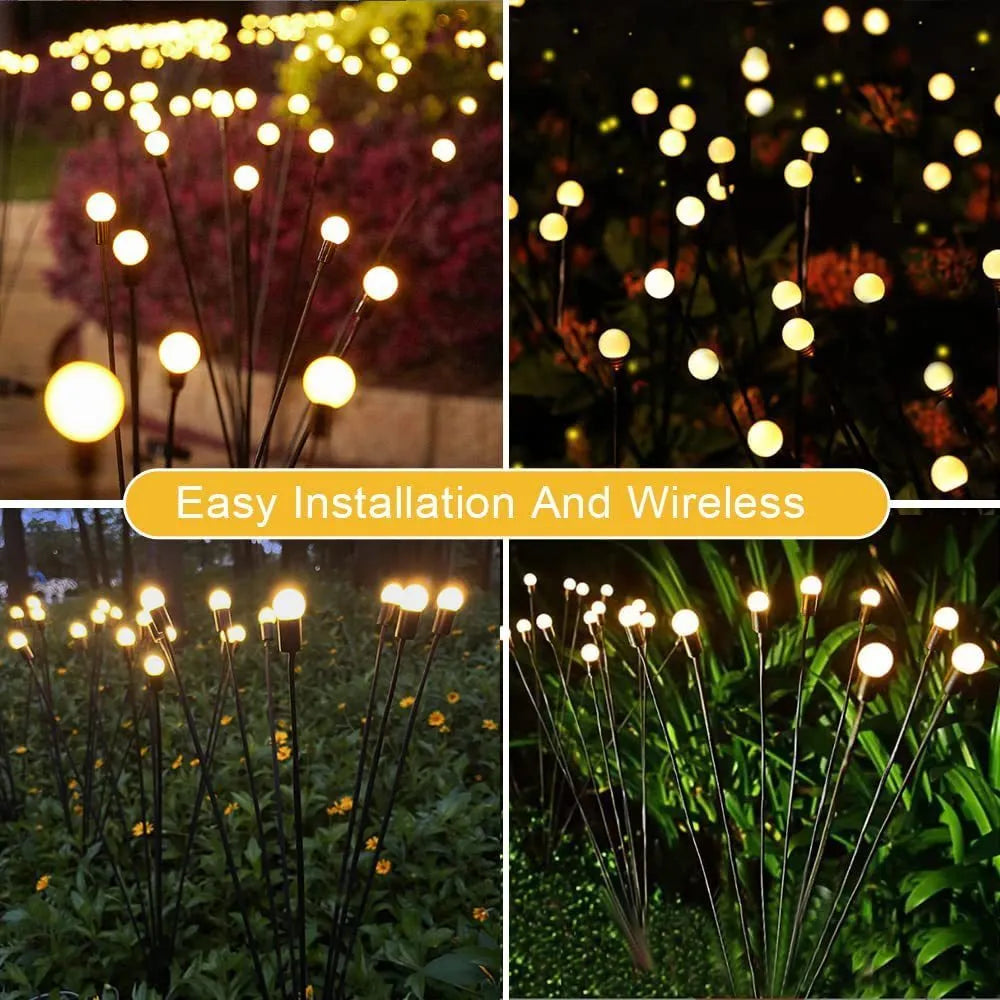 Set of solar-powered LED garden lights with ground spikes, showing firefly-style heads and solar panel.