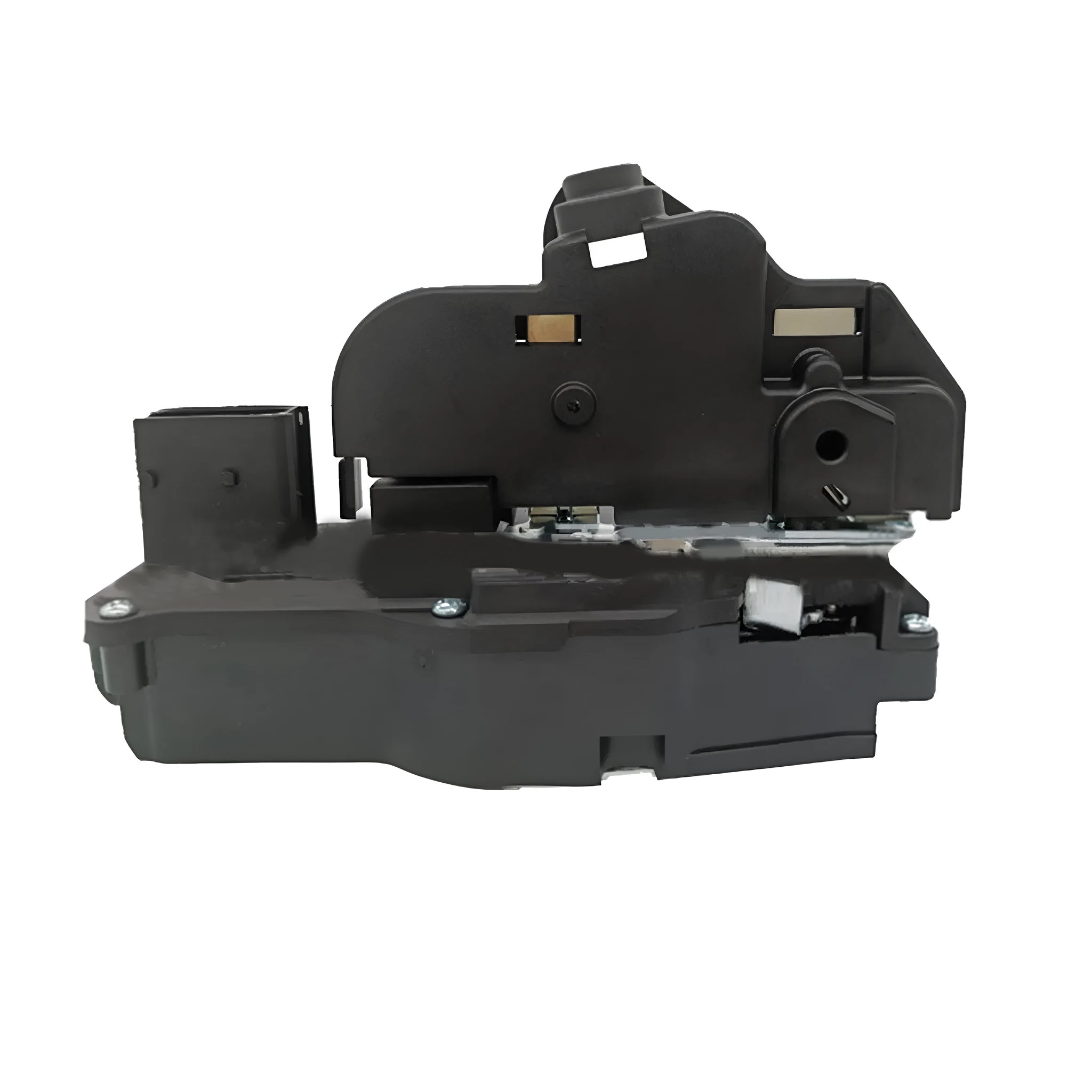 Black plastic door lock actuator for Cadillac SLS front right door replacement.