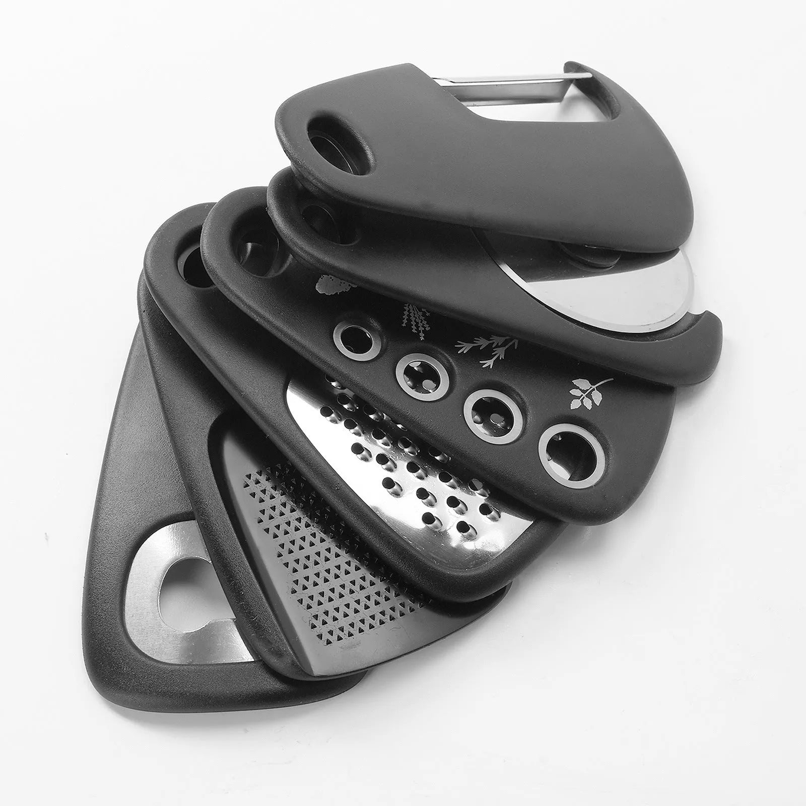 Stacking tower kitchen gadget set with six tools and cleaning brush in colour box packaging