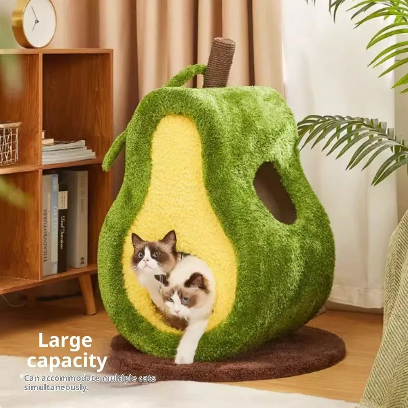 Green avocado-shaped closed cat nest made with PP cotton and bubble velvet for indoor cats