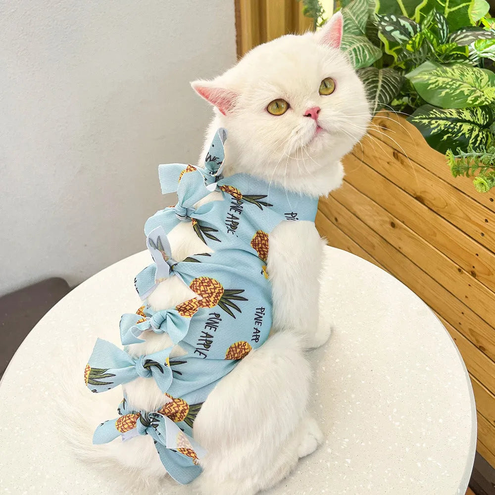 Lace-up polyester cat sterilisation clothing shown in blue on a mannequin, sizes for cats 1.5kg to 9kg.