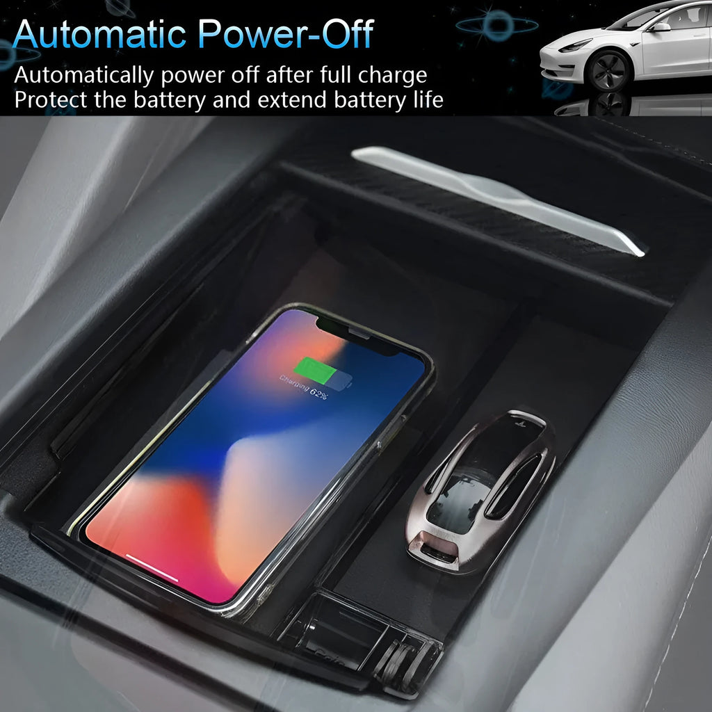 Black rectangular wireless charging storage box for Qi-compatible phones on a desk.