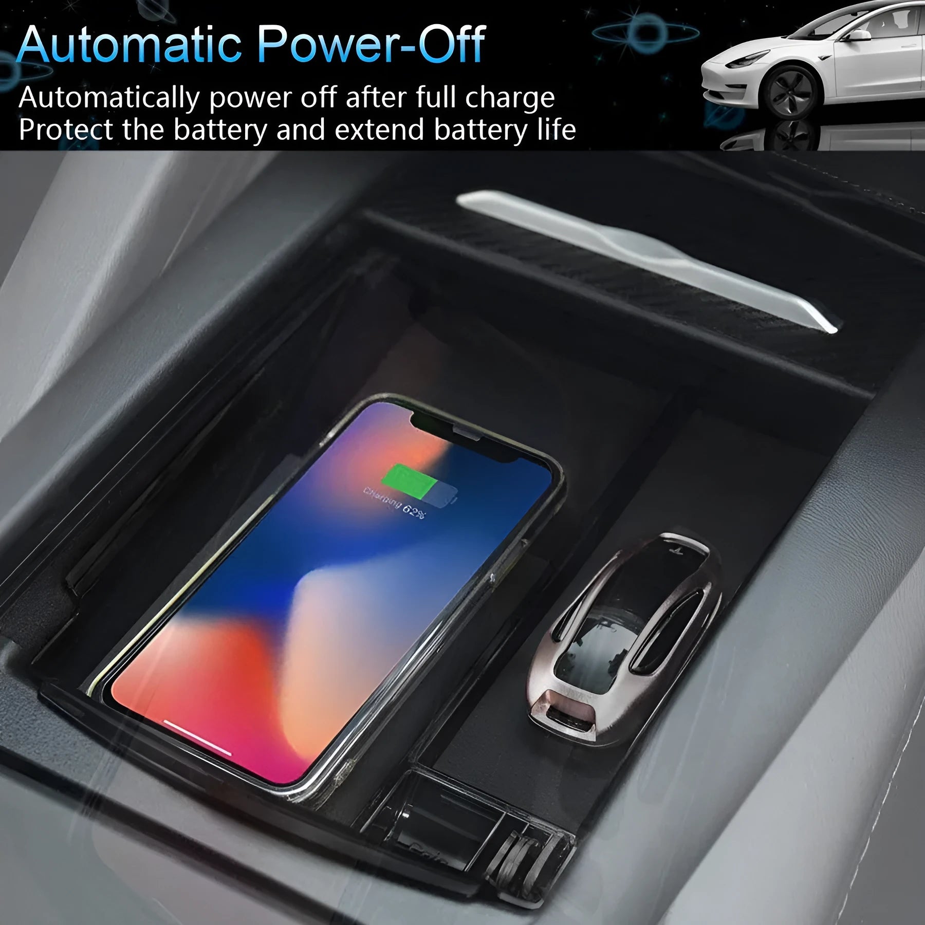 Black rectangular wireless charging storage box for Qi-compatible phones on a desk.