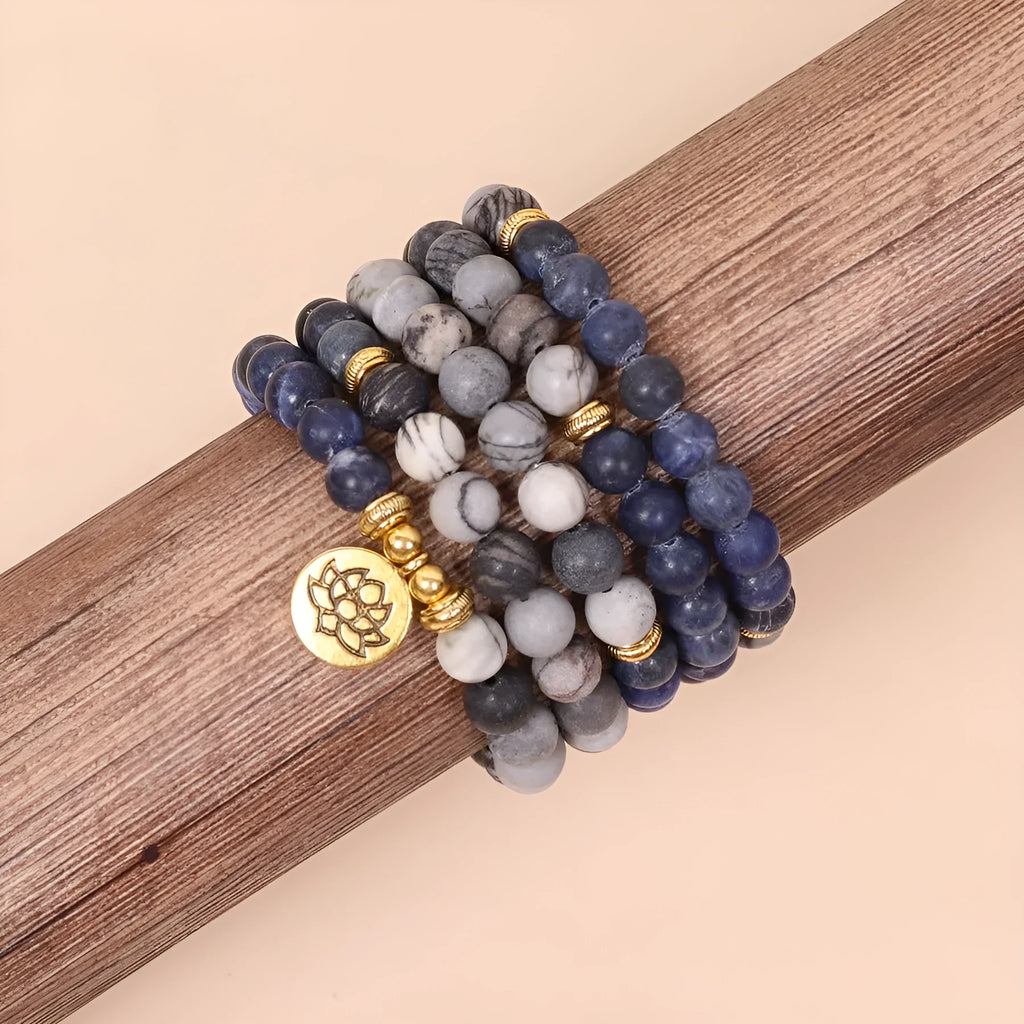 Blue patterned network stone bead multi layer bracelet with alloy construction