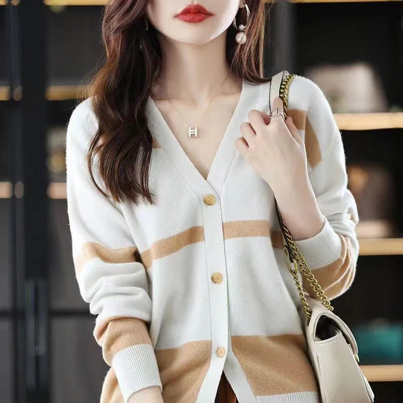 Women's V-neck knitted cardigan with 3D striped pattern in slim fit showing colour options