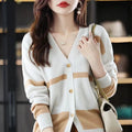 Women's V-neck knitted cardigan with 3D striped pattern in slim fit showing colour options