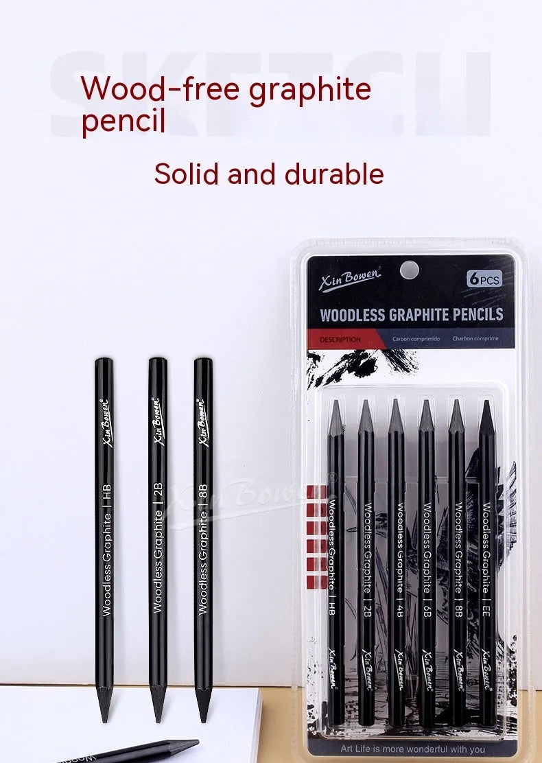 Set of six wood-free graphite sketching pencils in grades HB, 2B, 4B, 6B, 8B, and EE