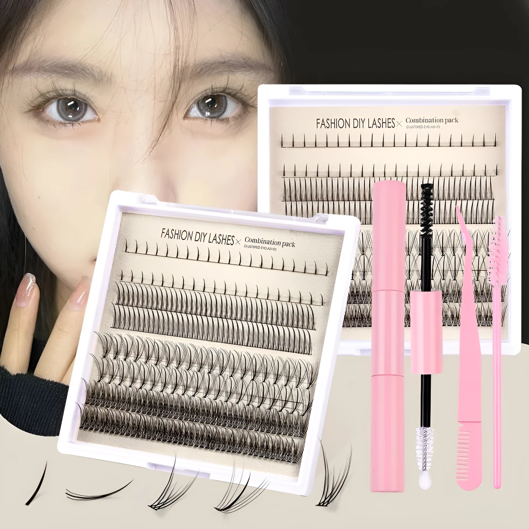 False eyelash glue kit with segmented artificial fibre lashes, pink and black adhesives, tweezers and brush applicators