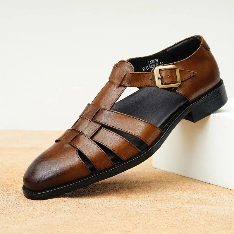 Men's black genuine leather sandals with pigskin lining and rubber sole