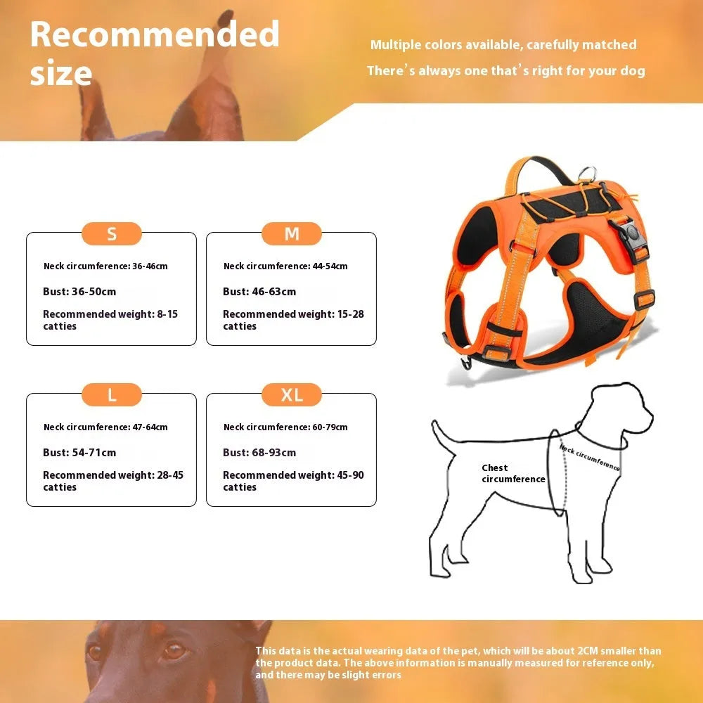 Orange reflective dog harness with padded chest strap and matching black rope lead laid flat.