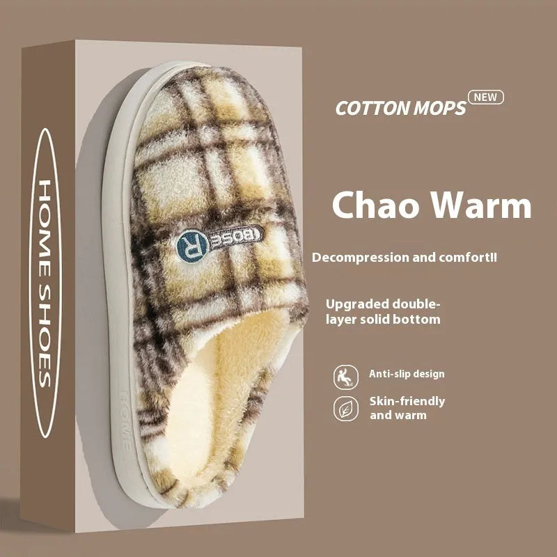 Plaid cotton slippers with non-slip PVC sole for indoor home use