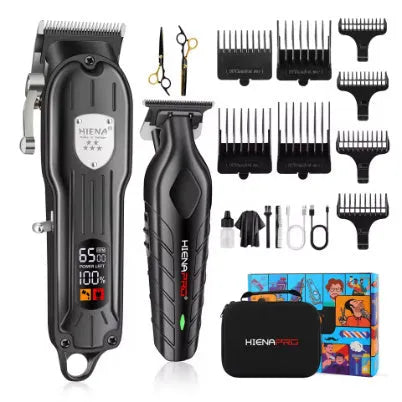 Black professional hair clipper set with USB charging port and LED display showing battery status