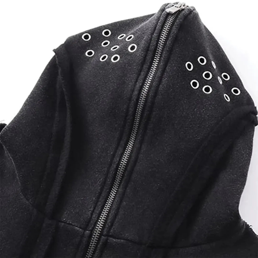 Black retro loose-fit cotton coat with a zip-up front and integrated hood.