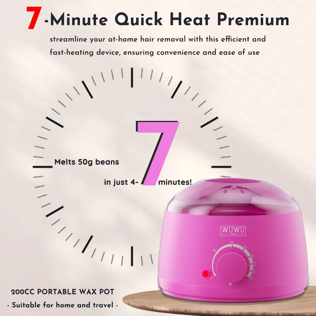 27-piece hair removal wax kit with wax warmer, four coloured wax beads, and applicator sticks.