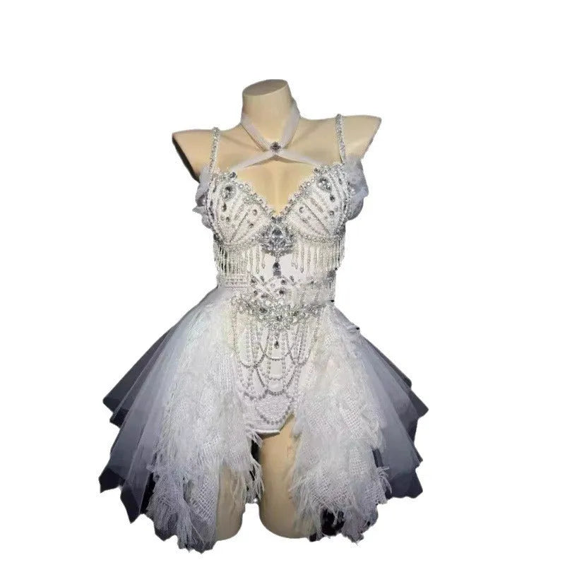 White Princess full diamond pearl tassel high waist bikini set with floor-length skirt in spandex