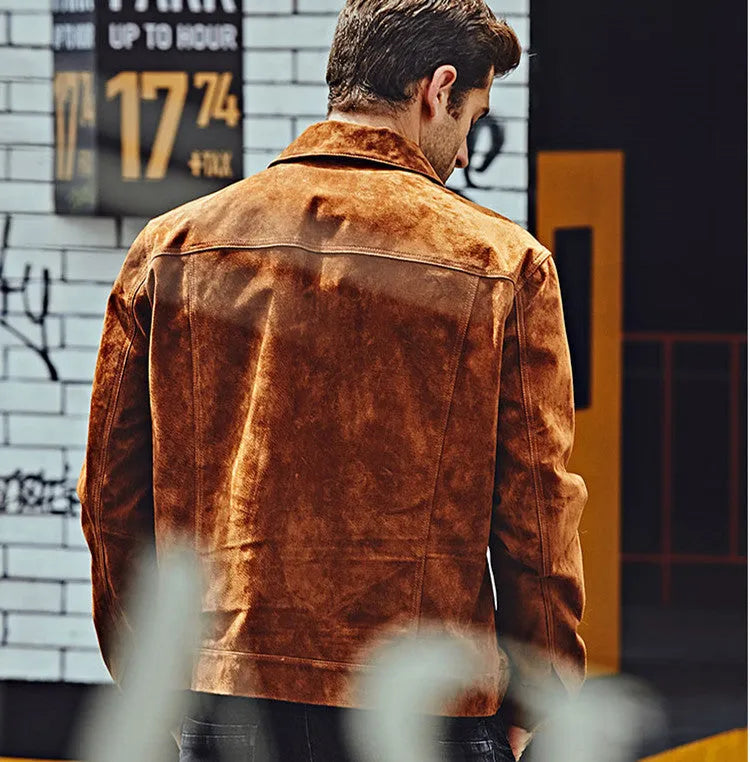 Men's brown pigskin leather biker jacket with asymmetric zip front and stand collar