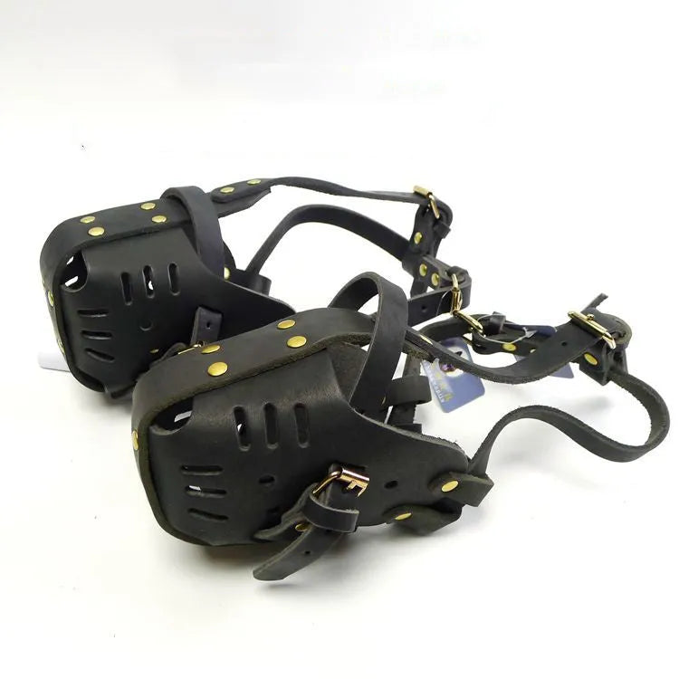Black cowhide dog muzzle for medium and large dogs with basket design, sizes L and M
